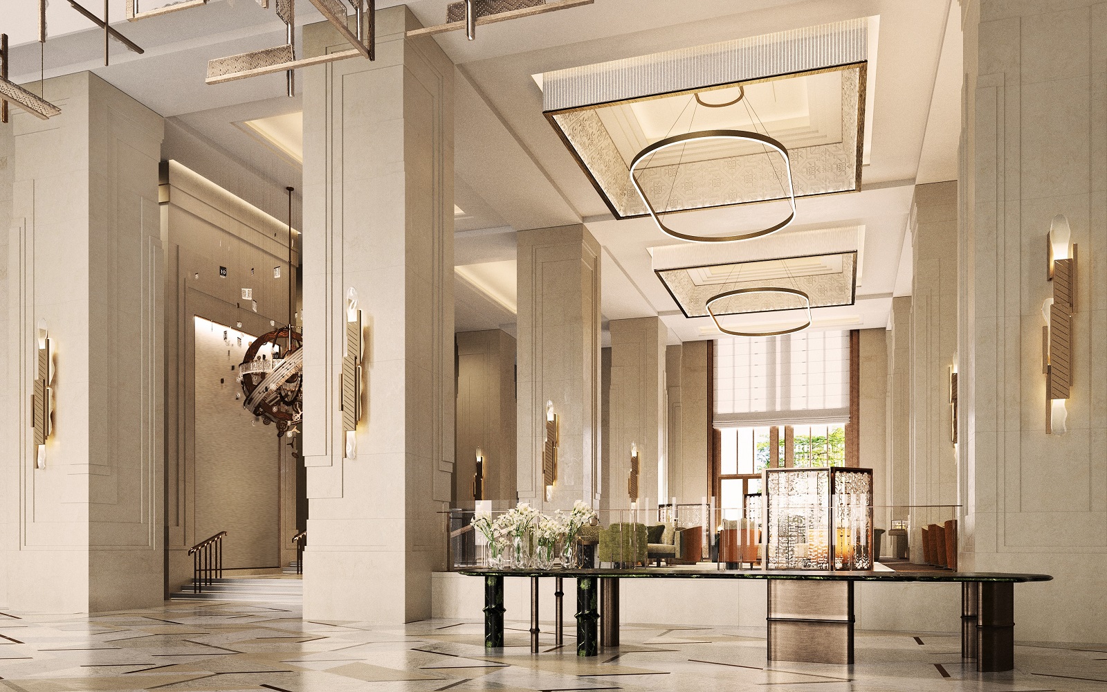 Grand Lobby and entrance with colums and marble surfaces in waldorf astoria malaysia in kuala lumpur