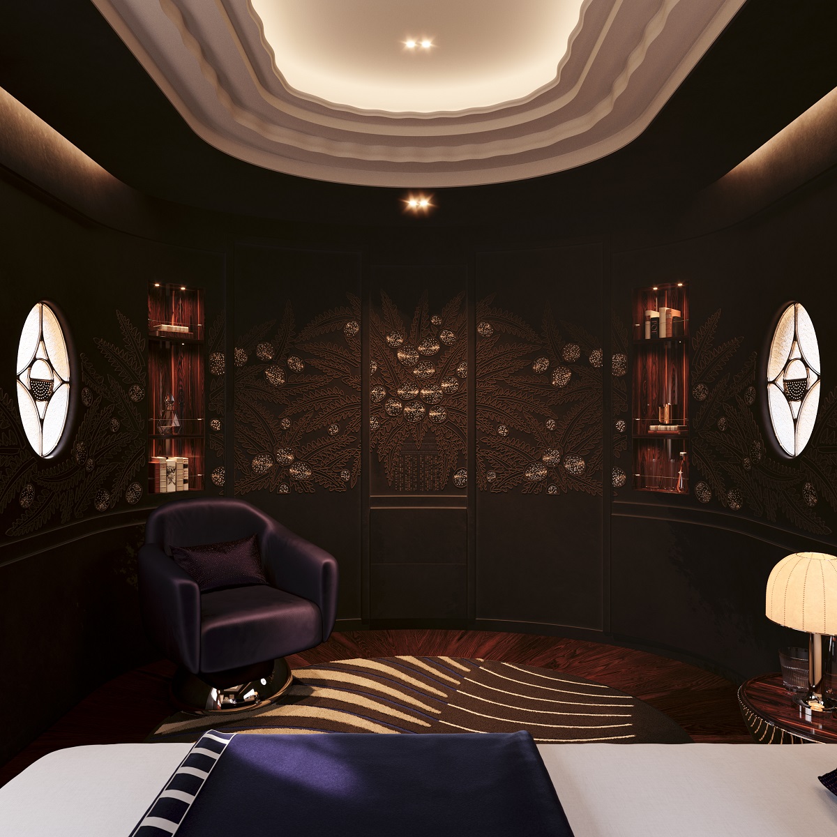 bedroom in Orient Express Presidential Suite in signature blue