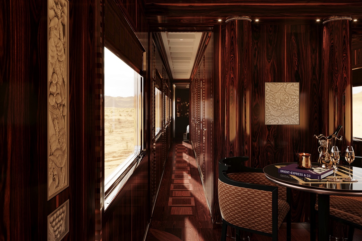 wood panelled corridor in the dedicated Presidential Suite on the Orient Express