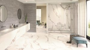 a seamless tile design for a wetroom in marble effect porcelain from CTD Tiles