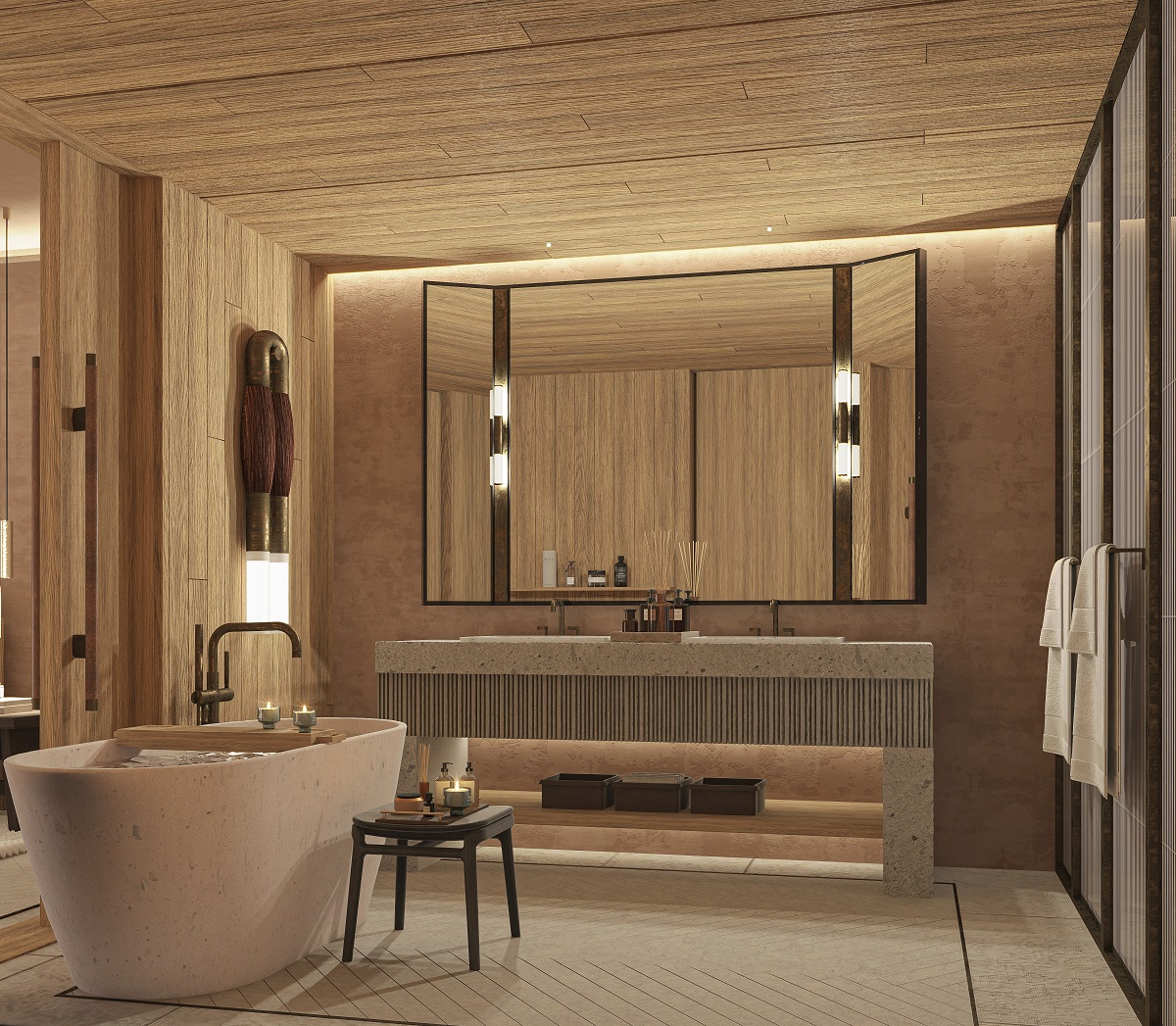 bathrroom in natural tones and textures with freestanding bath in the Waldorf-Astoria-San-Miguel-de-Allende-