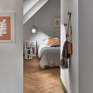 engineered oak flooring from Hyperion tiles on a bedroom floor