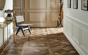 engineered oak flooring by Hyperion Tiles on hallway floor in herringbone pattern