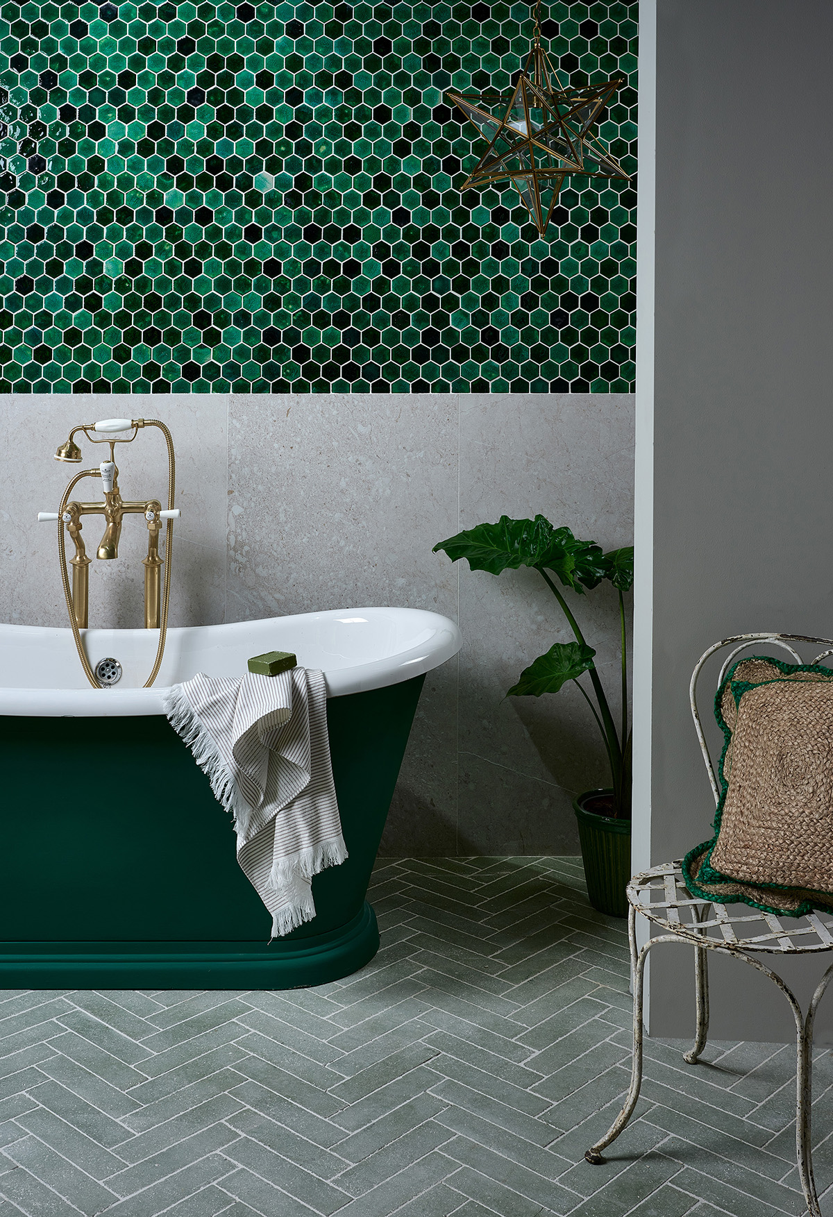 roll top bath with Ca Pietra Tisbury 60x120 and Akazu Emerald Walls and Reform Leaf Green Floor tiles from Hyperion Tiles