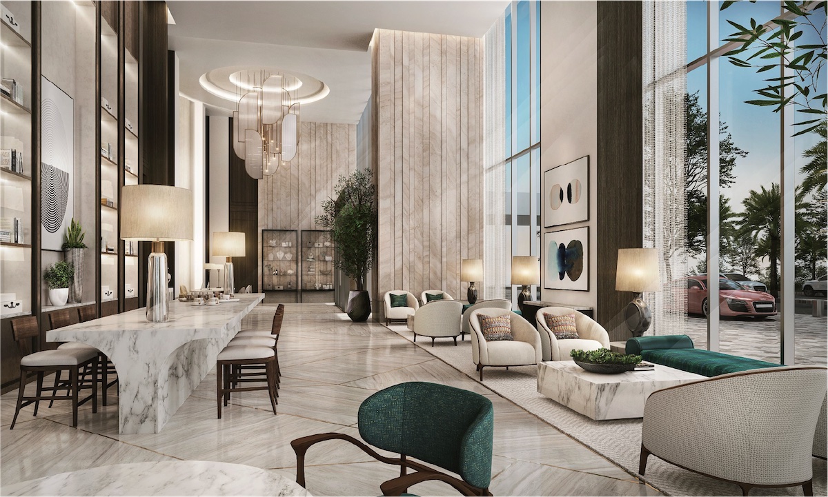 Luxury lobby with high ceilings and soft interiors
