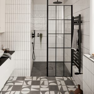 Industrial shower design in black and white with Bert & May Skinny_White_Metro and monochromatic _Split_Shift_Limestone_Grey