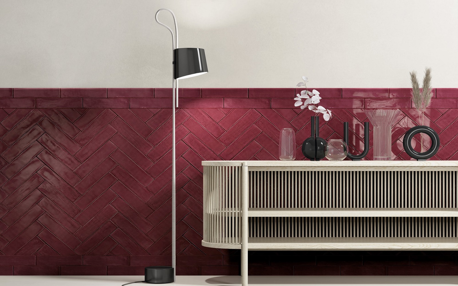 a tiled wall in red and pink tones in CTD’s Poitiers collection
