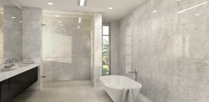 Carrara Trascenda by TREND surface in a bathroom imitates the natural tone and texture of carrara marble