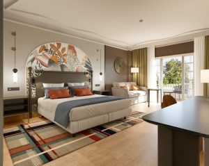 guestrooms at Hyatt La Manga in brown and blue patterns and stripes