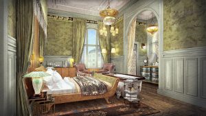 render of guestroom at Sommerro Ikognito with antiques, original artwork, decorative details