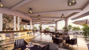 open air bar at Grand Palladium Jamaica with seaviews and decorated in natural colours and textures
