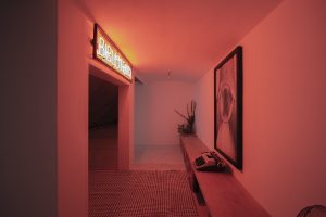 the Biblioteka room - a retreat bathed in red neon light