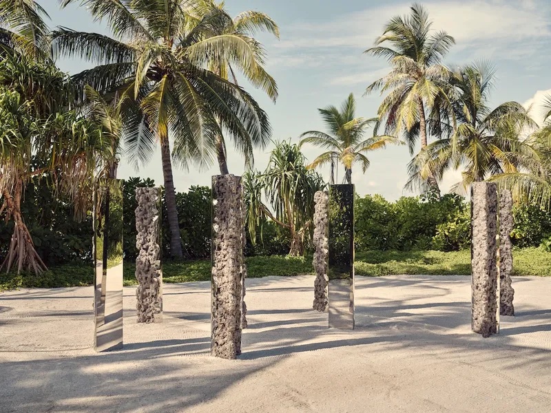 Mirrors on beach, art installation at Patina Maldives