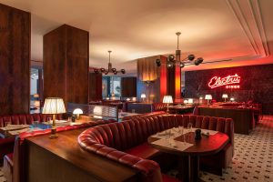 neon lighting and leather banquettes in Electric Diner