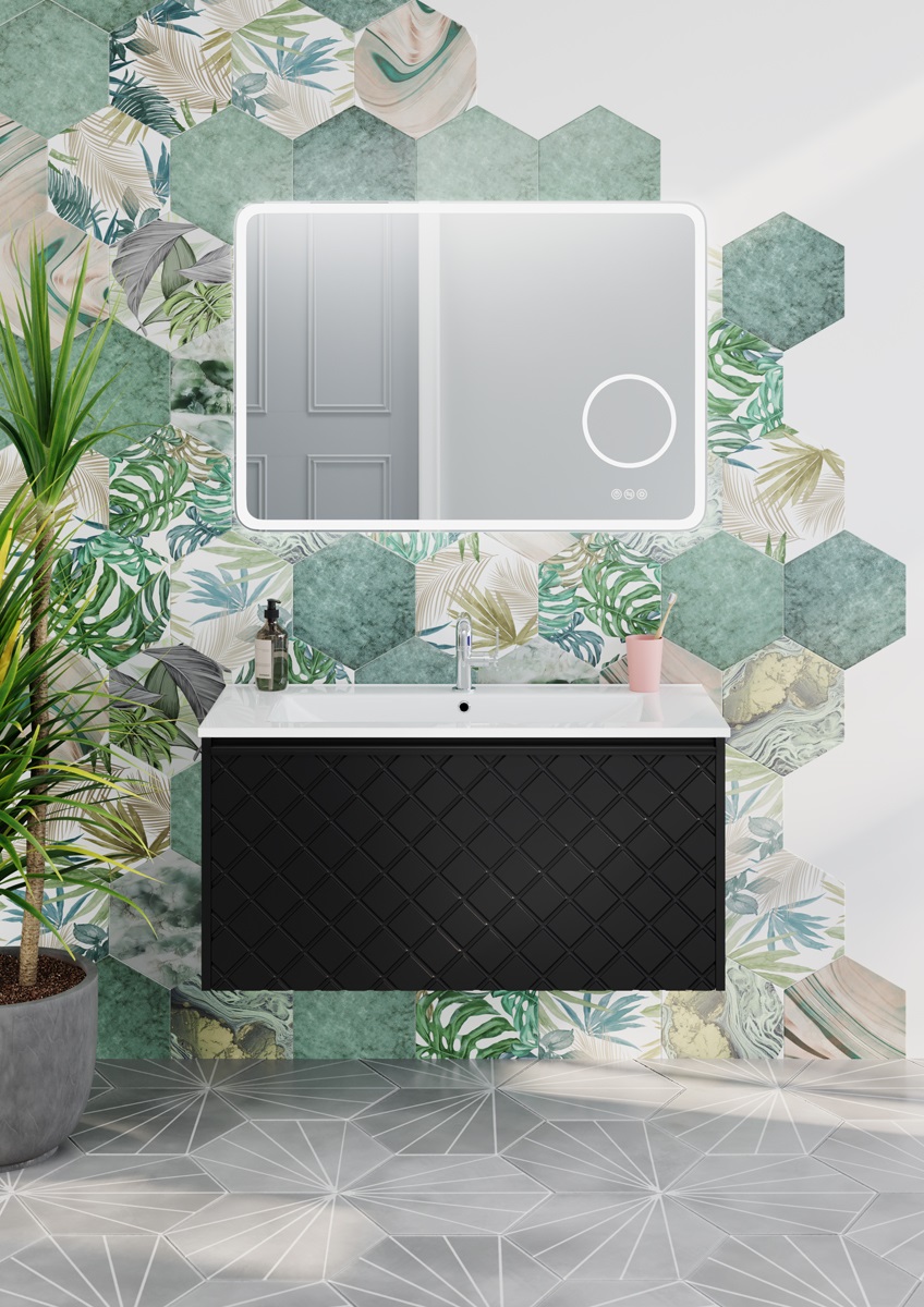 Vergo bathroom range with crosshatch surface design by Crosswater in bathroom with grey floor tiles and botanical wall tiles