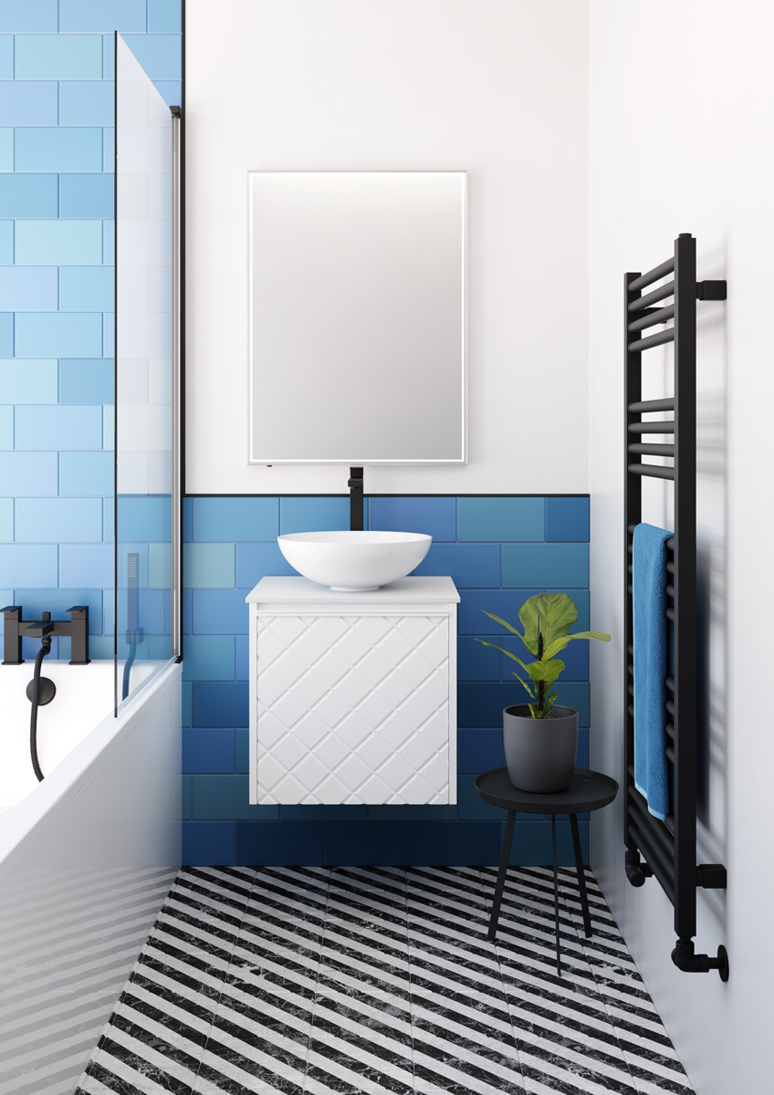 blue bathroom with white Vergo fittings from Crosswater
