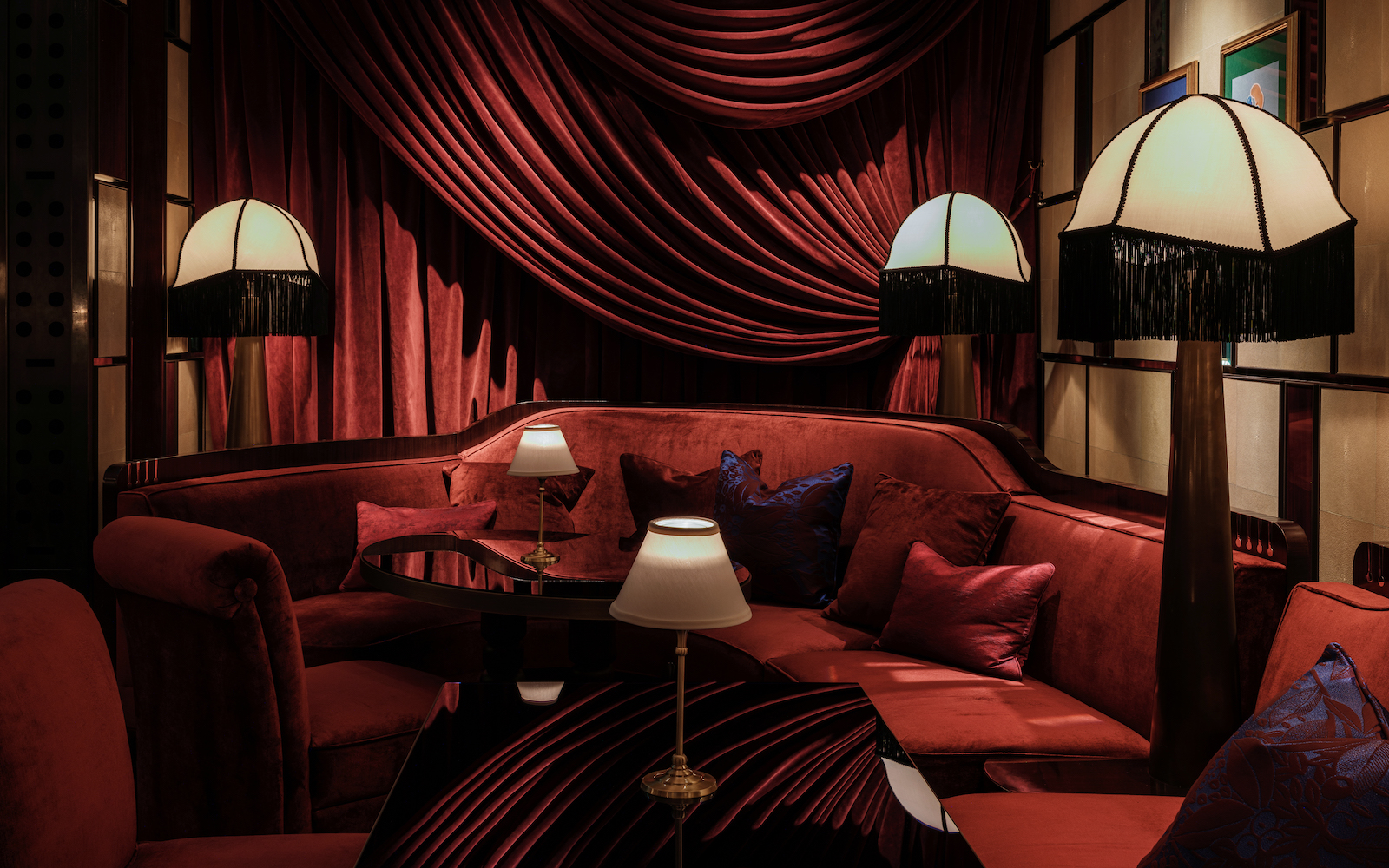 Velvet interior design scheme inside Corinthia London bar