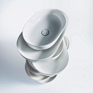 a stack of Duravit white Luv ceramic basins