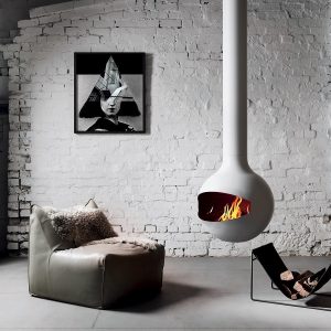rustic white painted brick surface with white finish Focus fireplace_Bathyscafocus_Holographik_