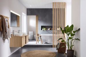 bathroom with wooden furniture, plants, wood and woven mat with Duravit D-Neo