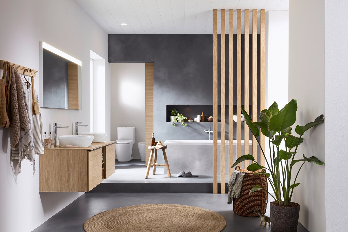 bathroom with wooden furniture, plants, wood and woven mat with Duravit D-Neo