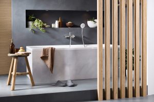 bath and wooden stool with wooden screen and fittings by duravit