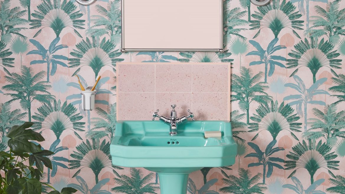 Burlington Bespoke Collection basin in cosmic green against green palm tree wallpaper