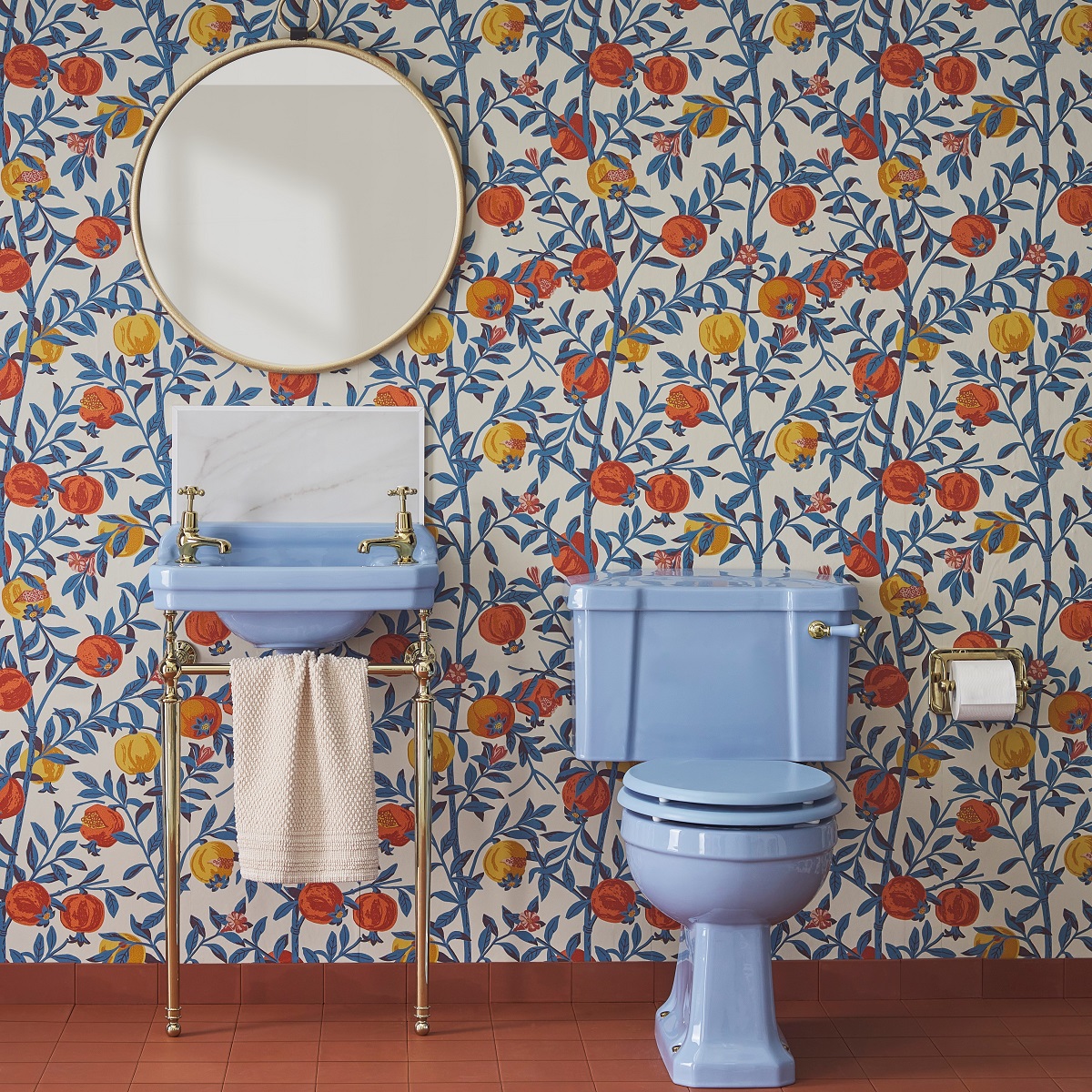 Burlington Bespoke basin and toilet in Enchanted Blue against floral wallpaper