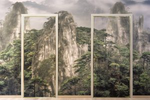 feature mural of a mountain scene on wall and doors in the C. Bechstein Flagship store-