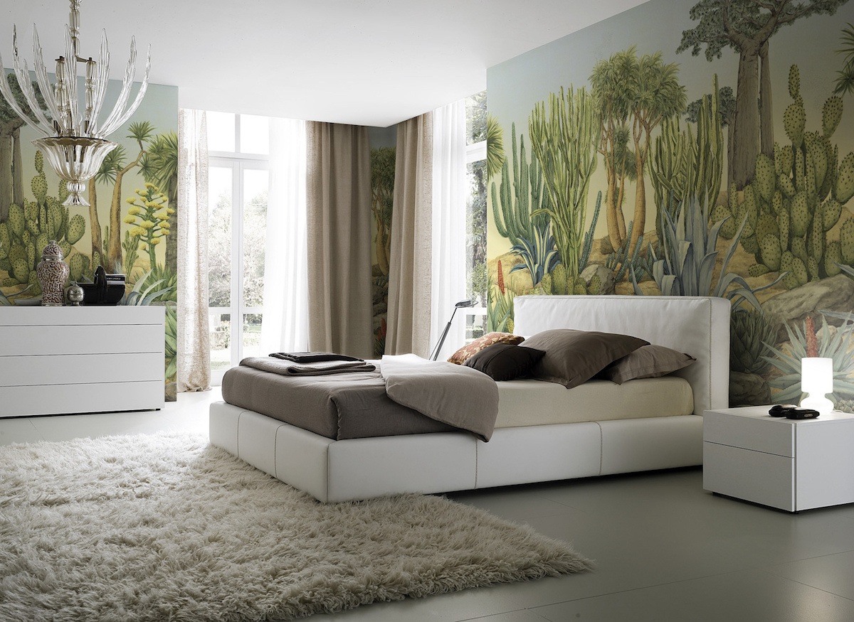 Bedroom with nauture-inspired wallcoverings