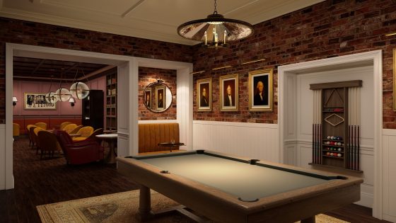 billiard table and portraits in the Georgian Room Lobby Bar of Omni Hotel