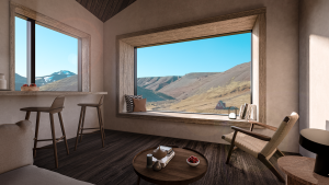minimal wooden cabin interior with windows focussed on the views at Highland Base - Kerlingarfjöll