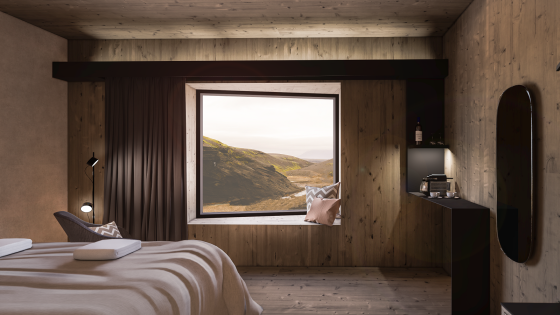 icelandic view framed by square window with natural wood clad surfaces