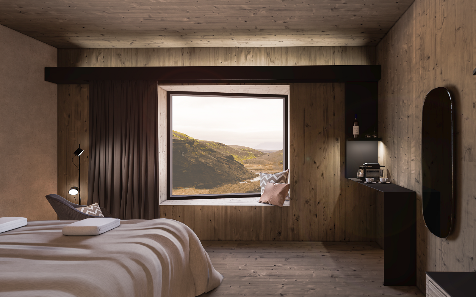 icelandic view framed by square window with natural wood clad surfaces