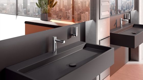 KEUCO IXMO Sensor touchless taps and brown basin