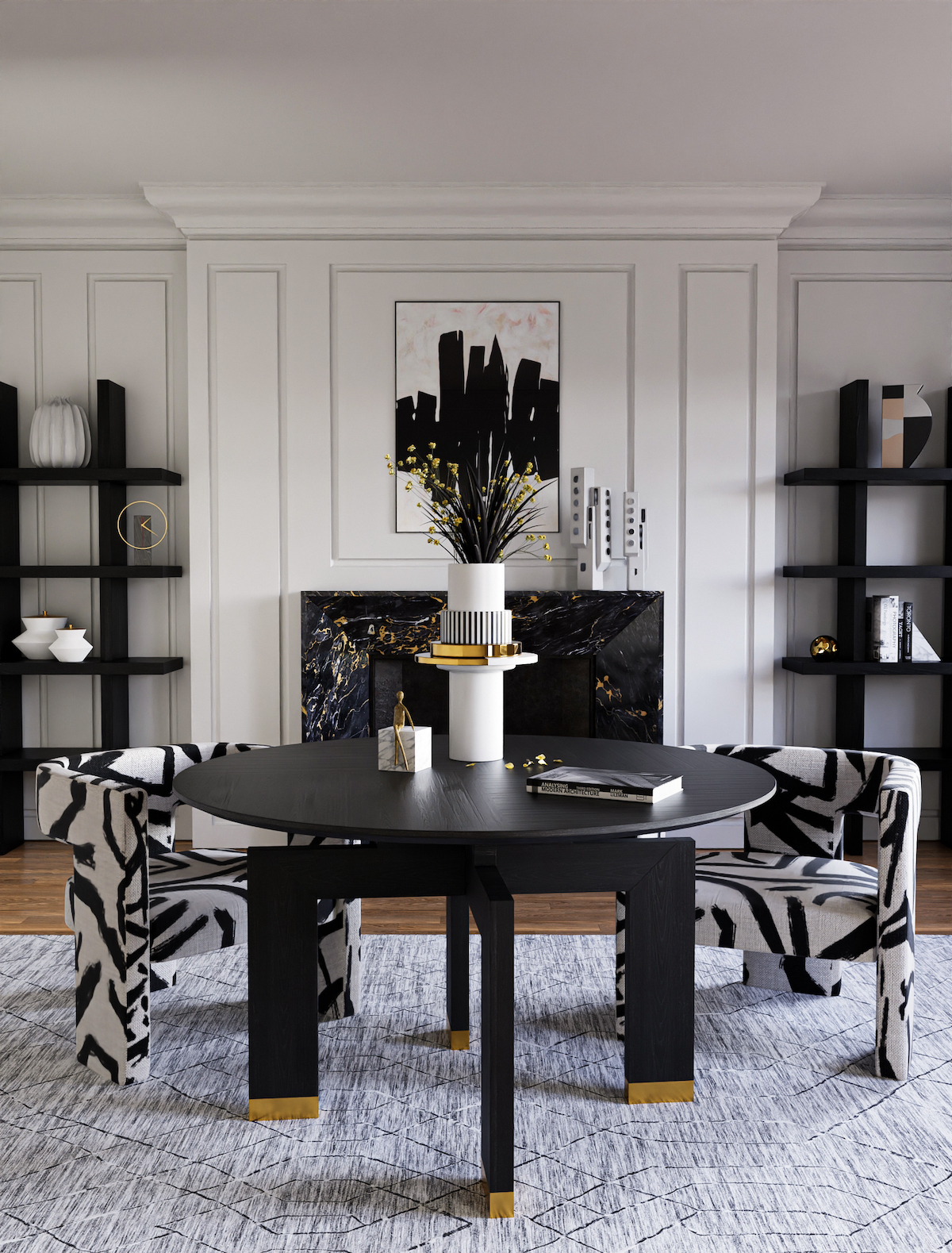 Modern black and white image of living room