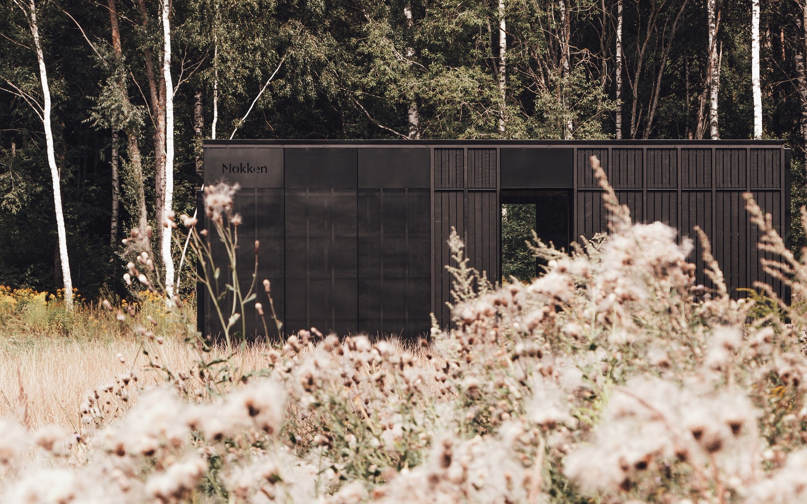 exterior of Nokken cabin by Aylott Van Tromp, in a field