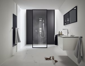 black and white bathroom design with Hansgrohe Pulsify S Overhead Shower 