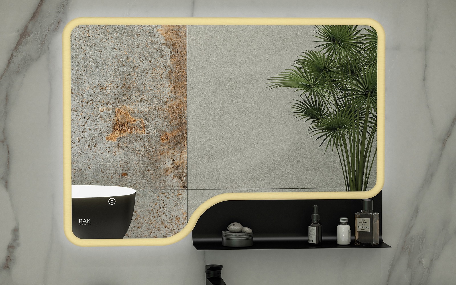 RAK Ornate bathroom mirror with marble wall and plant reflections
