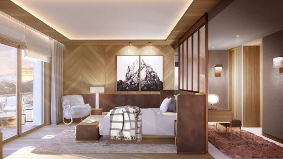 Render of suite bedroom inside hotel in Swiss Alps