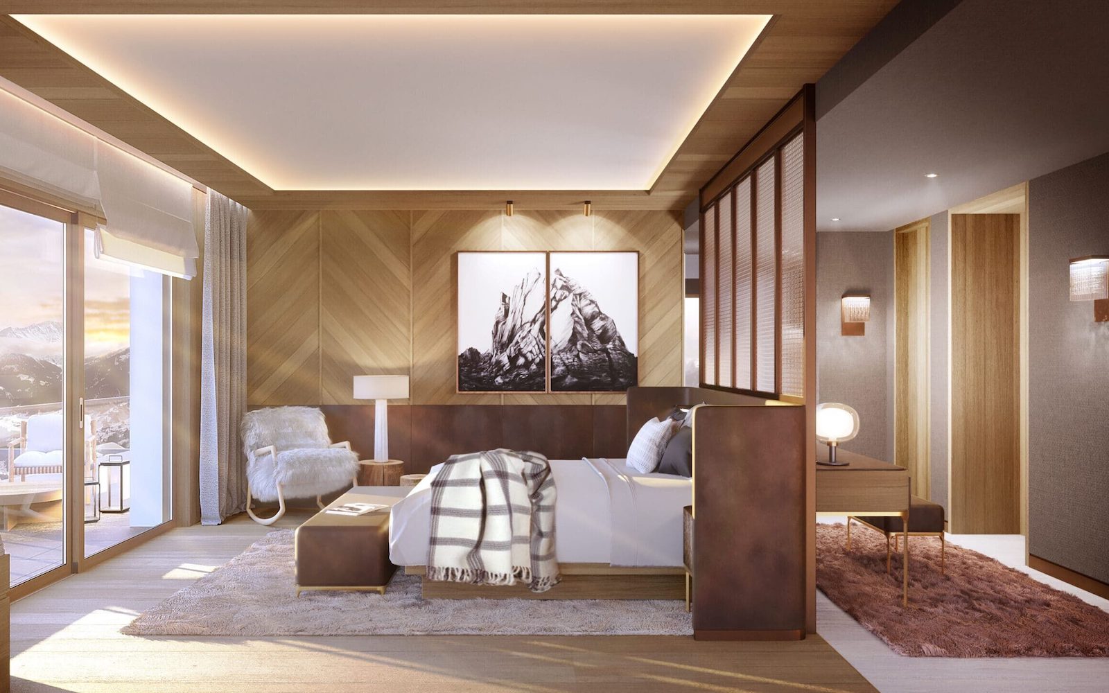 Render of suite bedroom inside hotel in Swiss Alps