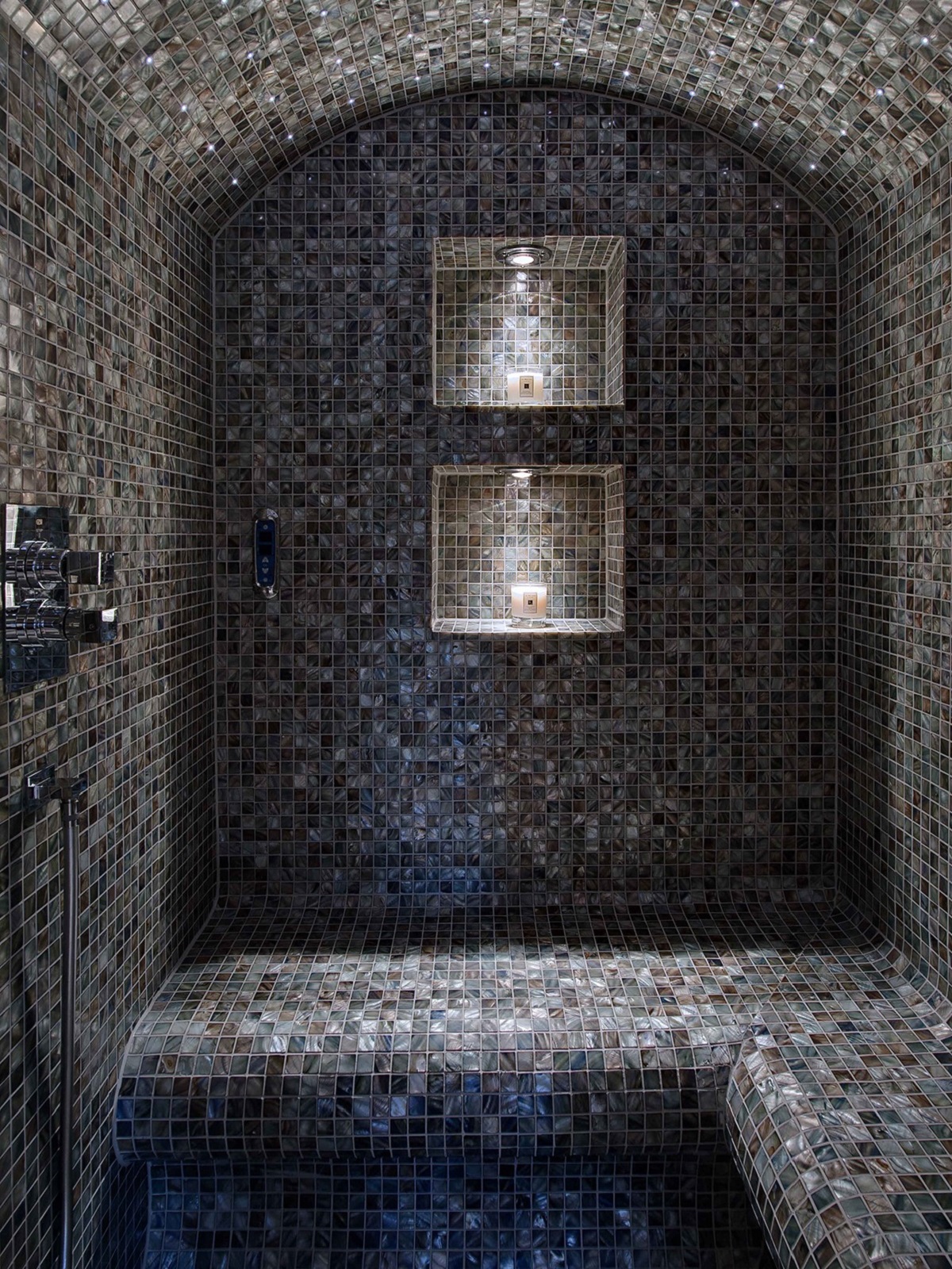 shower space covered from floor to ceiling in dark mosaic Siminetti Anthracite