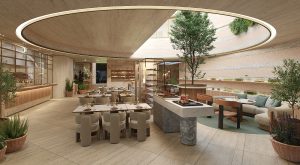 Six Senses Rome dining area with circular ceiling design detail and rounded shapes in the seating