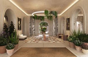 entrance and lobby to Six Senses Rome with plants