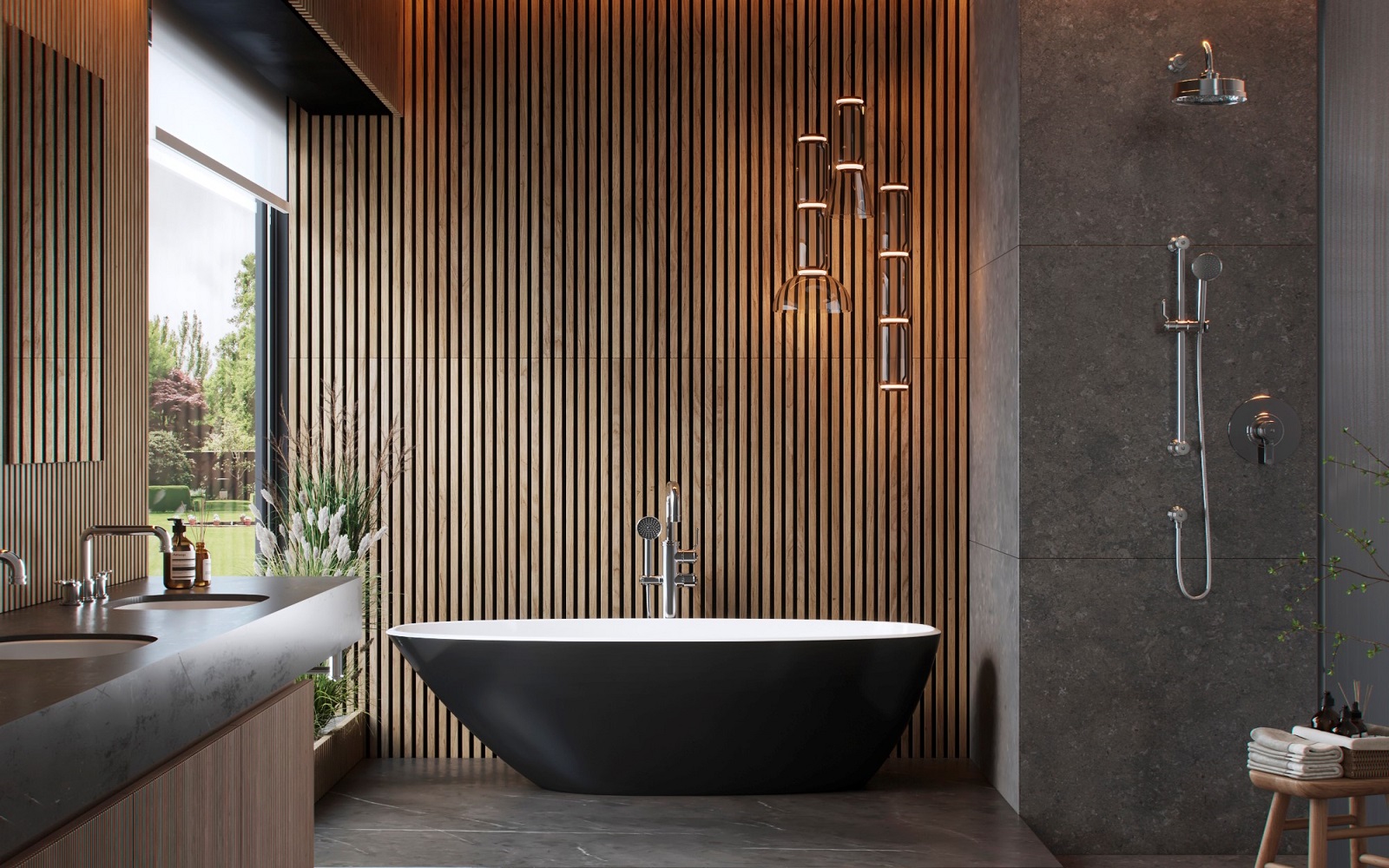 black freestanding bath from Perrin & Rowe Armstrong bathroom collection in front of wood clad walls and concrete surfaces