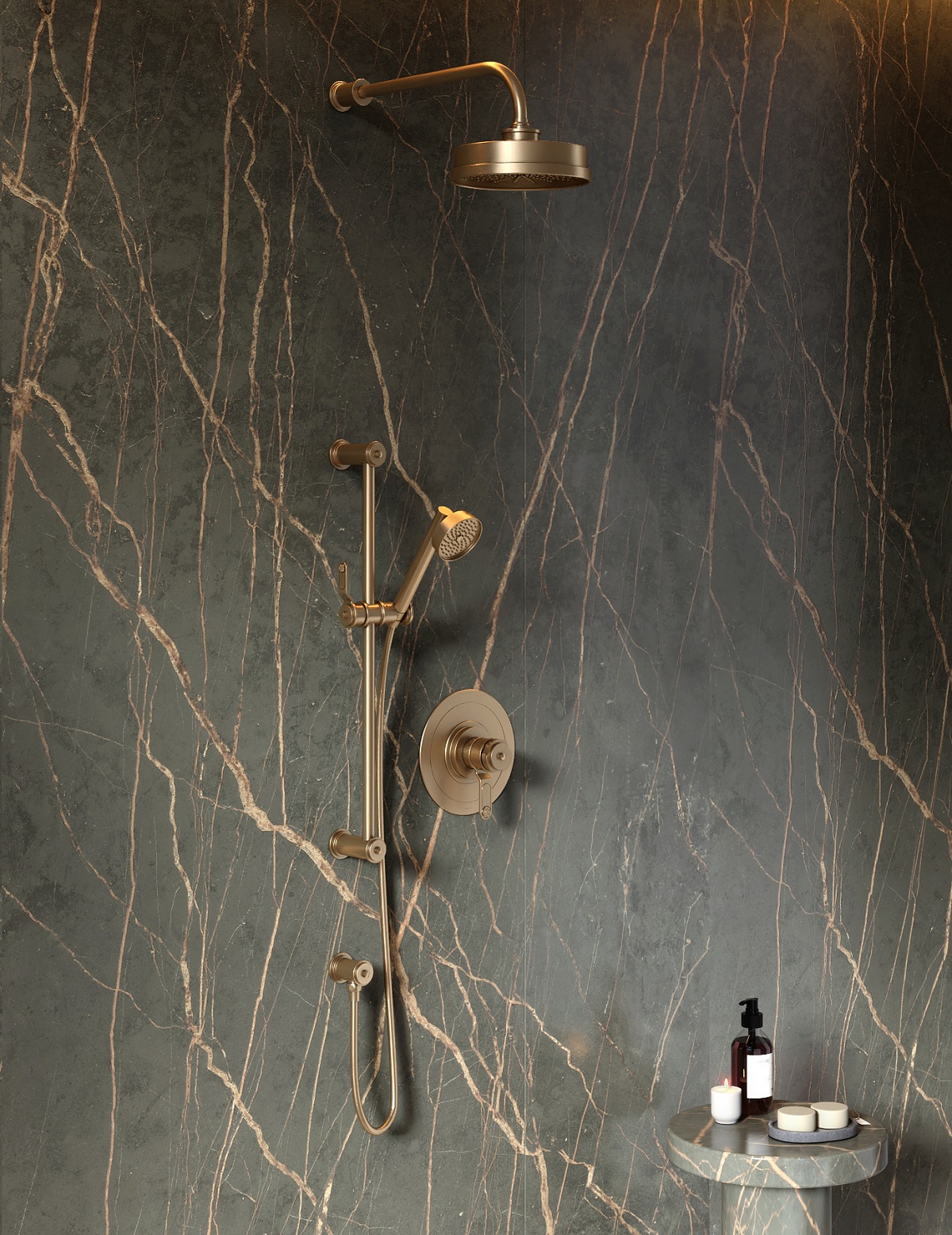 dark grey marble with copper veining as backdrop to brass shower fitting by Perrin & Rowe