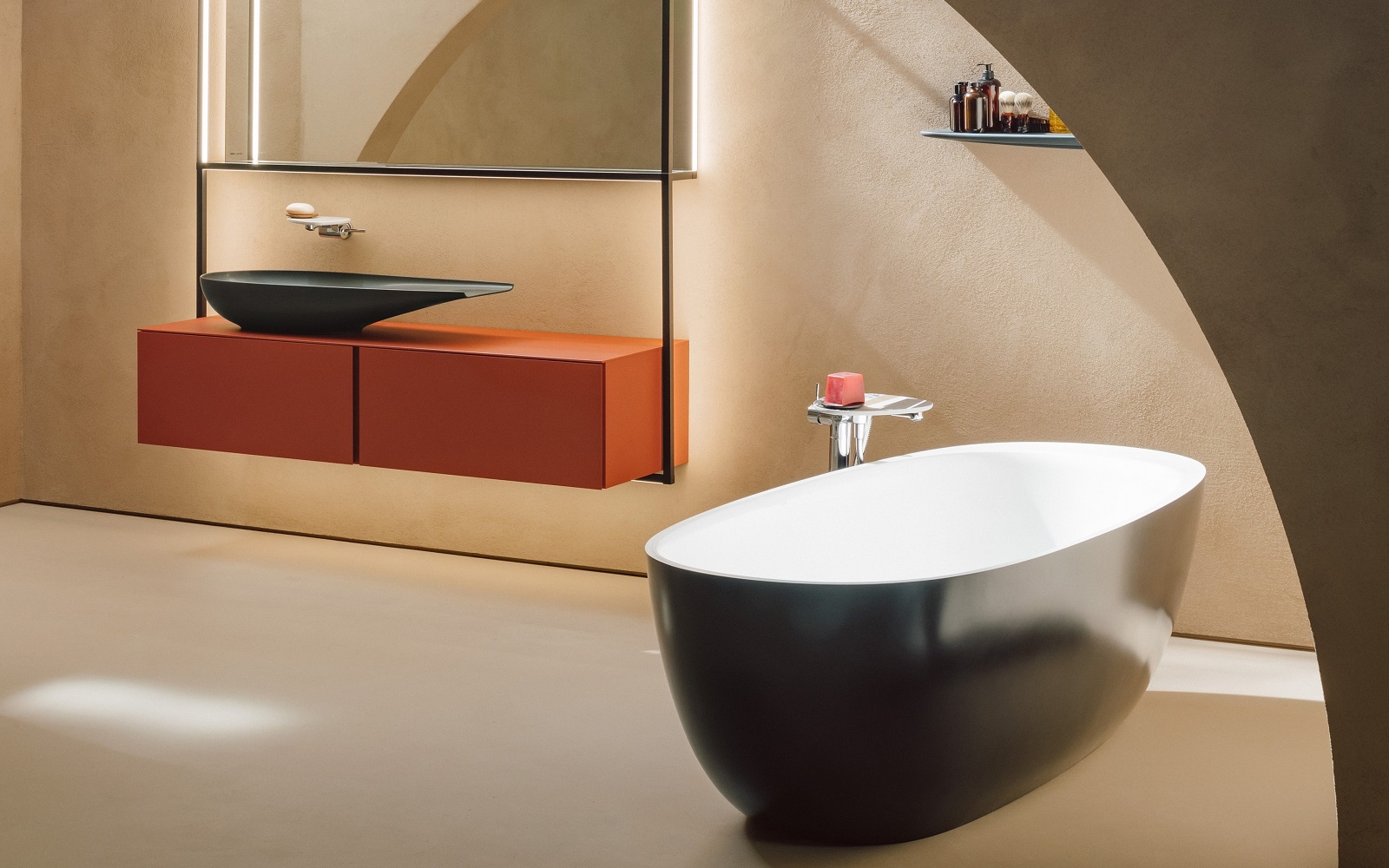 rendered image of Laufen_Ilbagnoalessi_collection with black bath and orange furniture