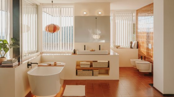 bathroom by Roca in white and terracotta for ISH