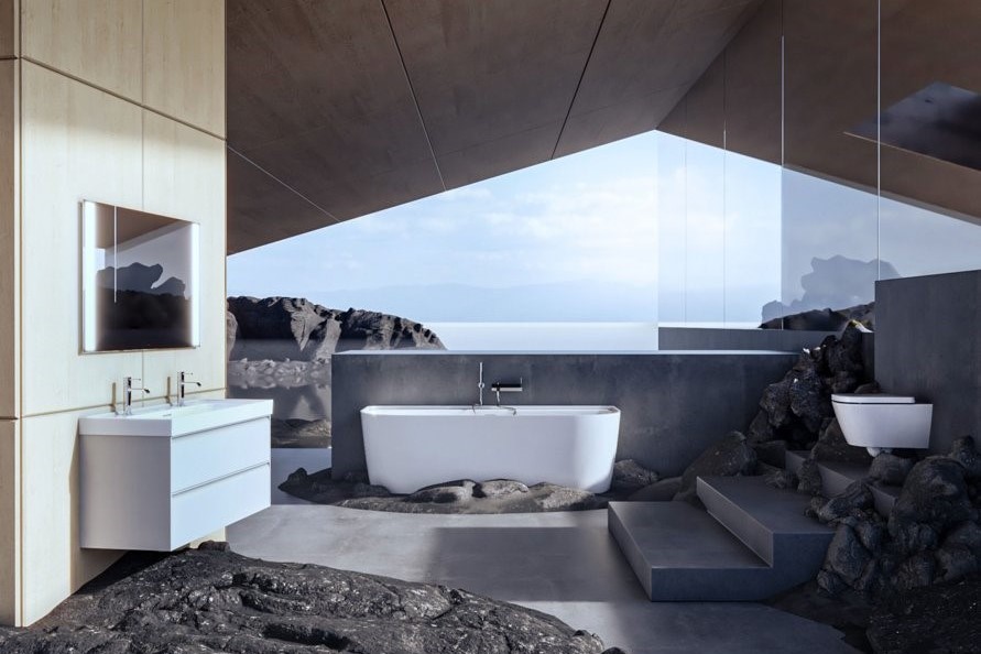 Laufen Meda collection in a graphic cover design with bath and bathroom furniture