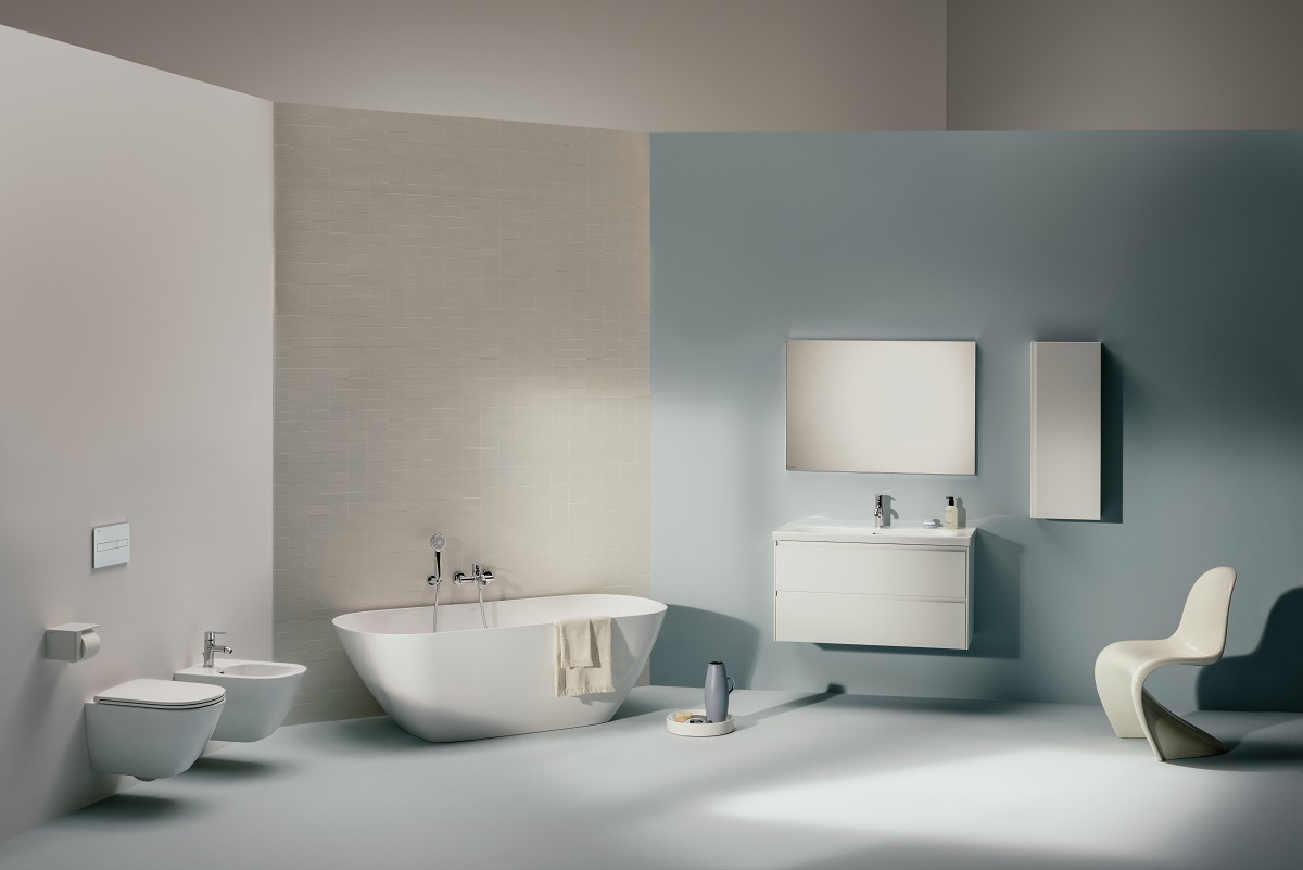 bathroom render in blue and white with bath and wall hung basin from Lua and Lani designs by Laufen
